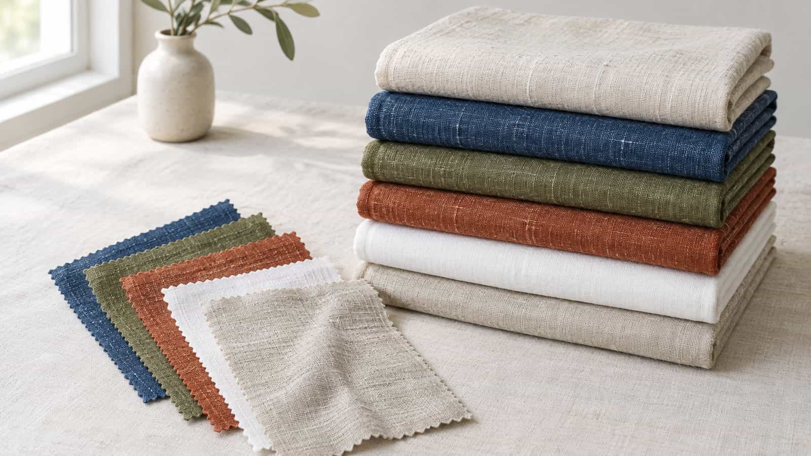 Folded woven cotton and linen fabrics in natural, indigo, olive, rust and white, with loose swatches fanned out beside them